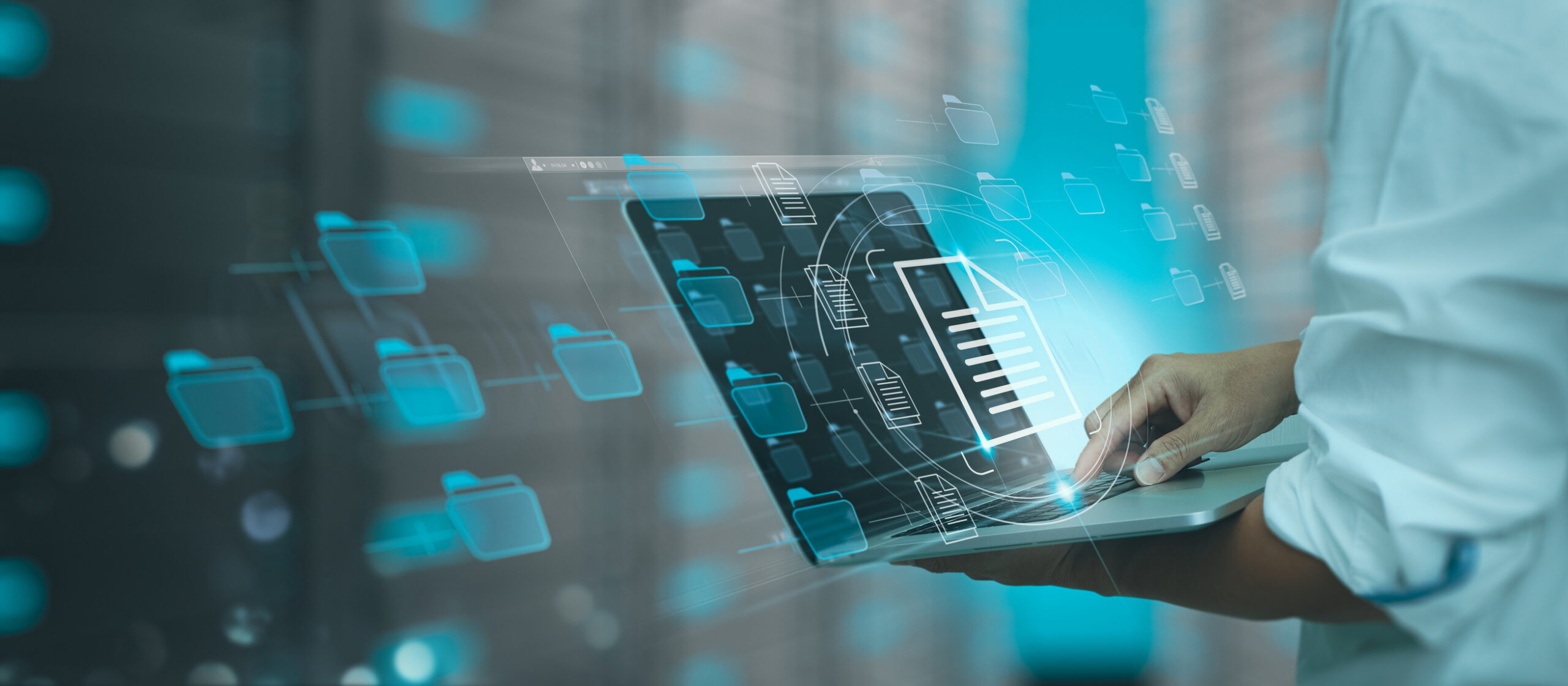 Businessman working modern compter Document Management System (DMS),Virtual online documentation database and process automation to efficiently manage files, knowledge and documentation in enterprise with ERP. Architects Team